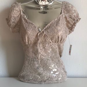 Ambiance - Floral Lace Tie Front Ruffled Short Puff Sleeve - Size Medium